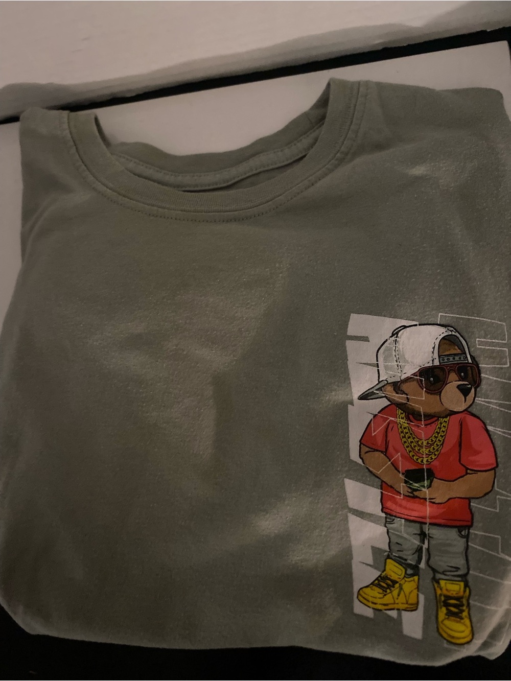 Source Unknown Sage Green Kids Tee with Bear Rapper Graphic